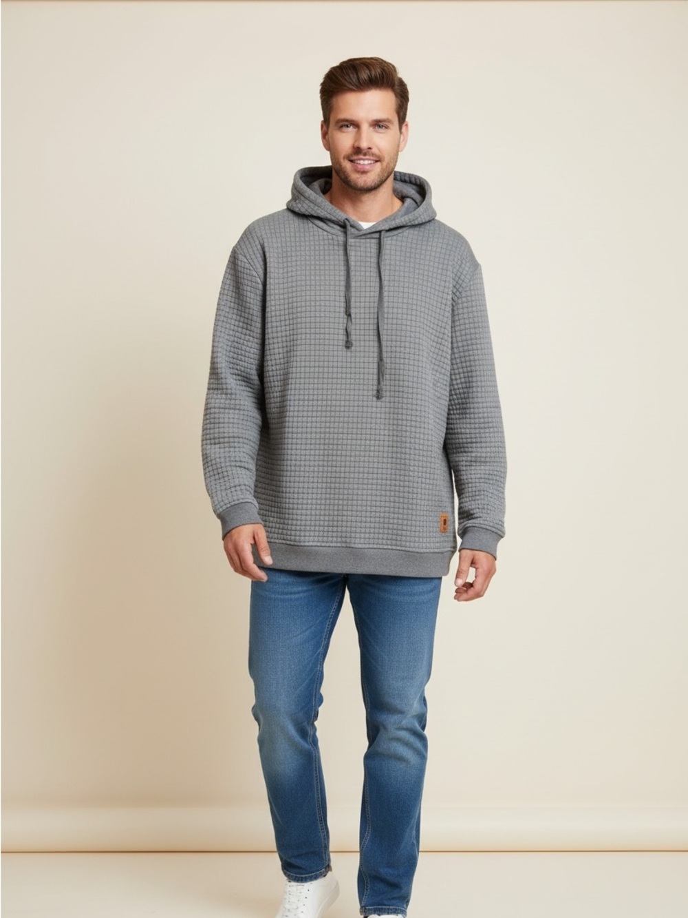 Vogue Gray Waffle-Knit Hooded Pullover